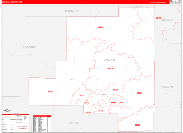 Lincoln County, NM Wall Map Red Line Style