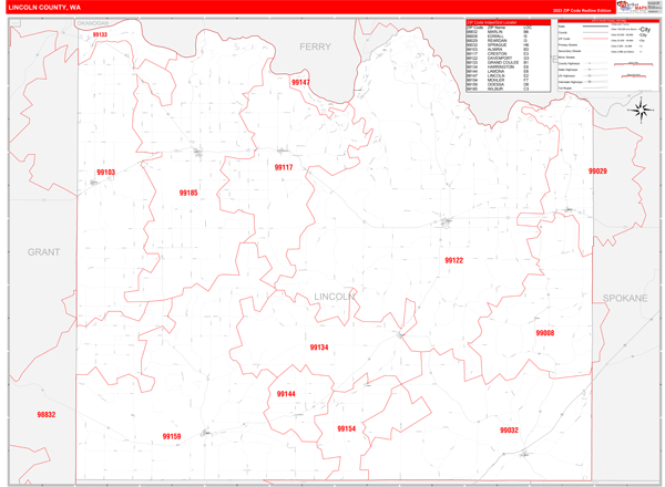 Lincoln County, WA Wall Map Red Line Style