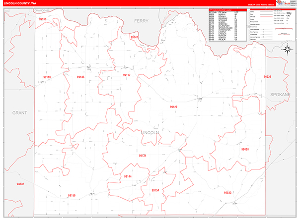 Lincoln County, WA Wall Map Red Line Style