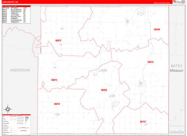 Linn County, KS Wall Map Red Line Style