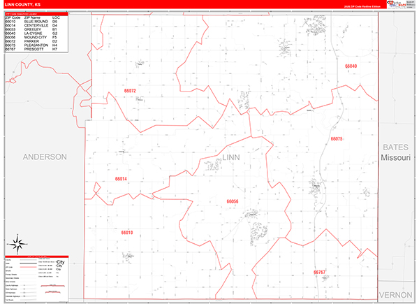 Linn County, KS Wall Map Red Line Style