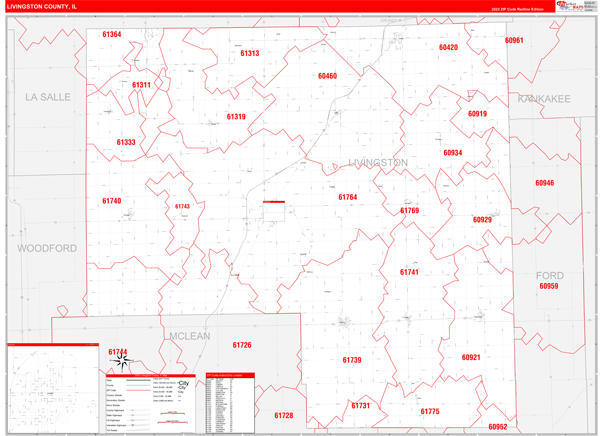 Livingston County, IL Zip Code Wall Map