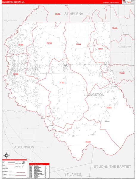 Livingston Parish (County), LA Wall Map Red Line Style