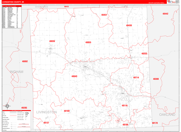 Livingston County MI Wall Map Red Line Style