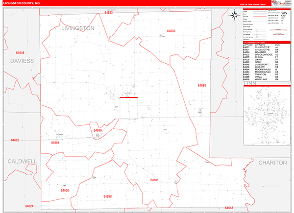 Livingston County, MO Map Red Line Style