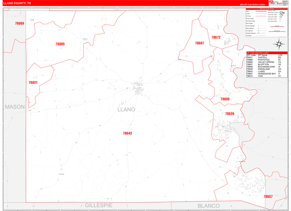 Llano County, TX Zip Code Wall Map Red Line Style by MarketMAPS - MapSales
