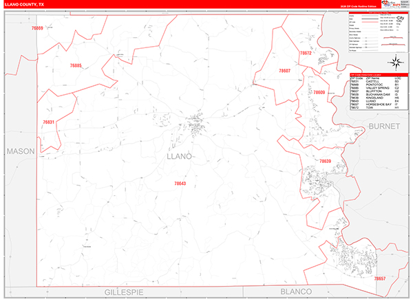 Llano County, TX Zip Code Map