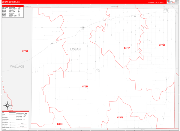 Logan County, KS Wall Map Red Line Style