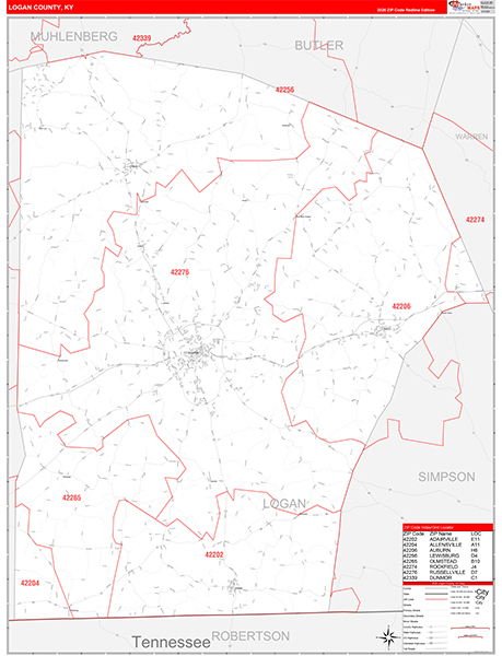 Logan County, KY Zip Code Wall Map
