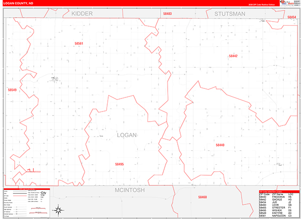 Logan County, ND Wall Map Red Line Style