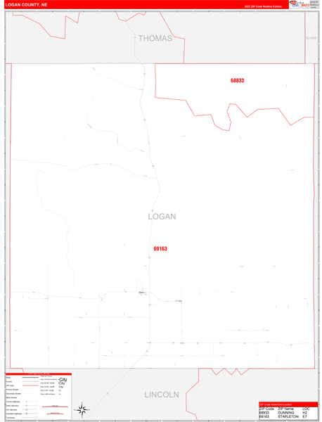 Logan County, NE Wall Map Red Line Style