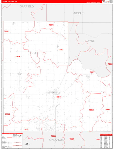 Logan County Ok Zip Code Wall Map Red Line Style By Marketmaps Mapsales 6883
