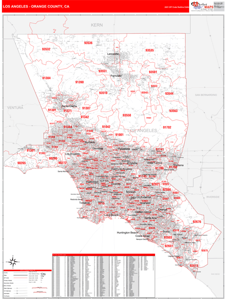 Los Angeles-Orange County, CA Zip Code Wall Map Red Line Style by MarketMAPS