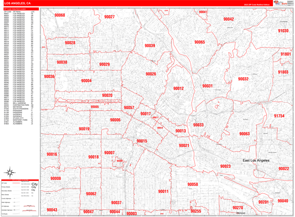 Los Angeles County, CA Zip Code Wall Map Red Line Style by MarketMAPS