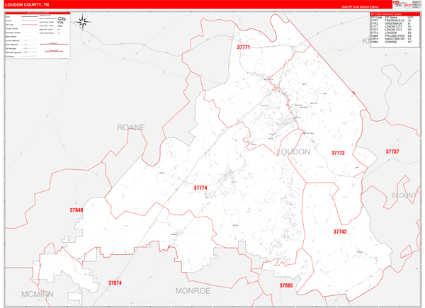 Loudon County, TN Zip Code Wall Map Red Line Style by MarketMAPS - MapSales