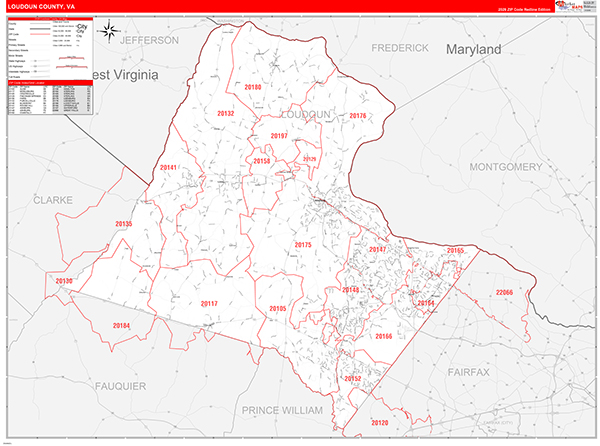 Loudoun County Wall Map Red Line Style