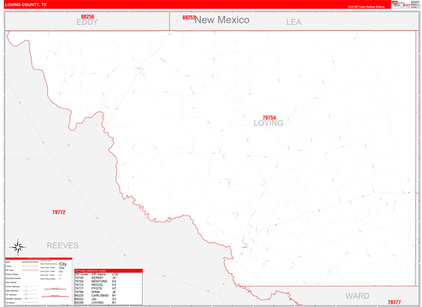 Loving County, TX Wall Map Red Line Style