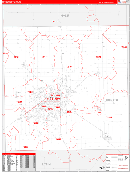 Lubbock County Wall Map Red Line Style