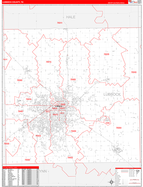 Lubbock County, TX Zip Code Wall Map