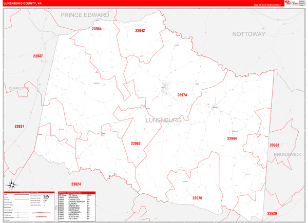 Lunenburg County, VA Zip Code Wall Map