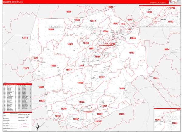 Luzerne County, PA Zip Code Wall Map Red Line Style by MarketMAPS ...