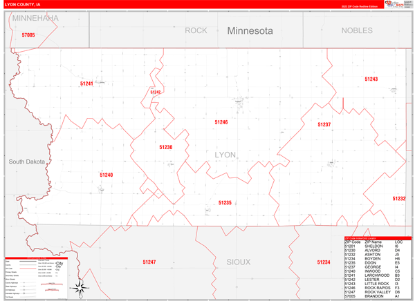 Lyon County, IA Wall Map Red Line Style