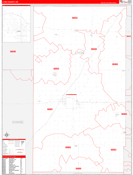 Lyon County, KS Wall Map Red Line Style