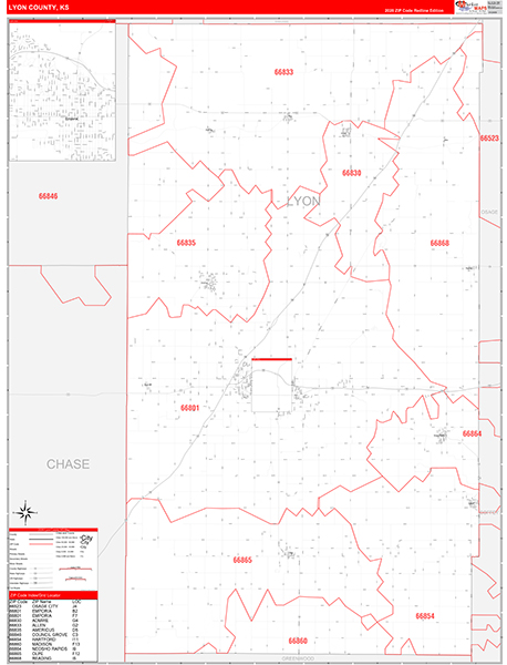 Lyon County, KS Zip Code Wall Map