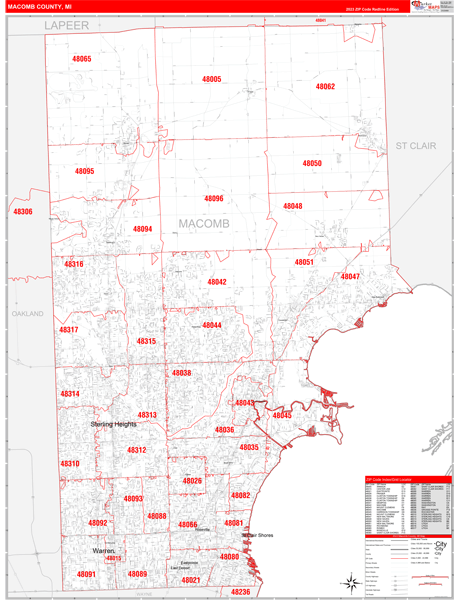 Macomb County, MI Zip Code Wall Map