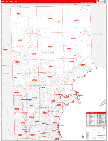 Macomb County Zip Code Map Macomb County, MI Zip Code Wall Map Red Line Style by MarketMAPS