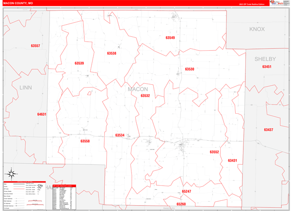 Macon County, MO Wall Map Red Line Style