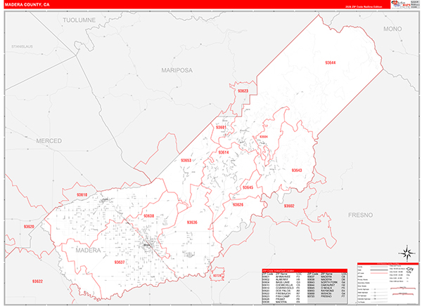 Madera County, CA Map Red Line Style
