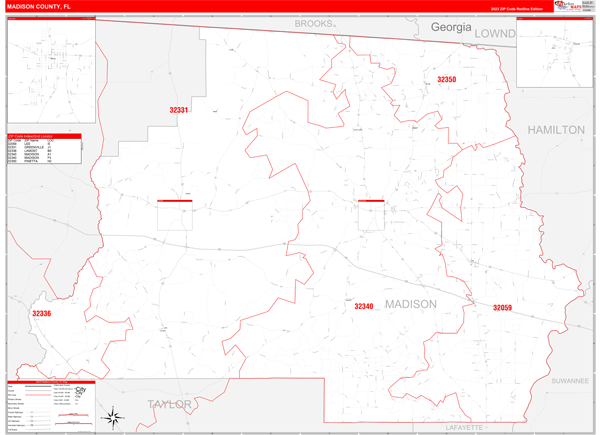 Madison County, FL Zip Code Wall Map Red Line Style by MarketMAPS - MapSales