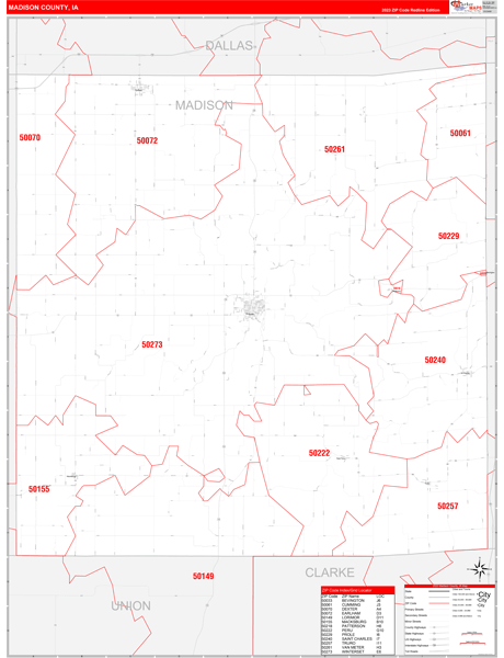 Madison County, IA Zip Code Wall Map Red Line Style by MarketMAPS - MapSales