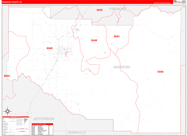 Madison County, ID Zip Code Wall Map Red Line Style by MarketMAPS