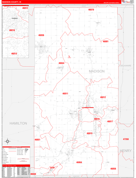 Madison County, IN Zip Code Wall Map Red Line Style by MarketMAPS