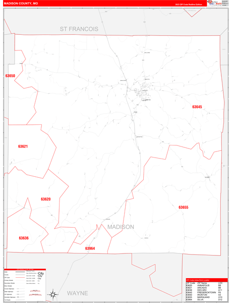 Madison County Wall Map Red Line Style