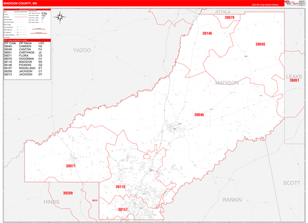 Madison County, MS Zip Code Wall Map Red Line Style by MarketMAPS