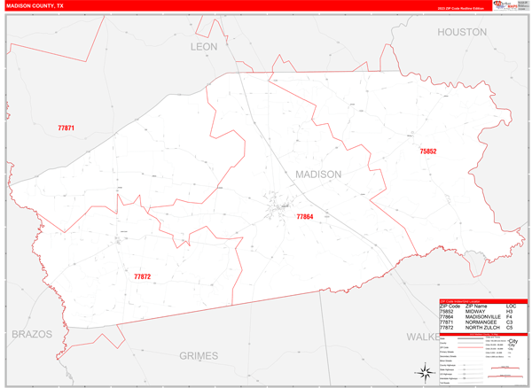 Madison County, TX Zip Code Wall Map Red Line Style by MarketMAPS - MapSales