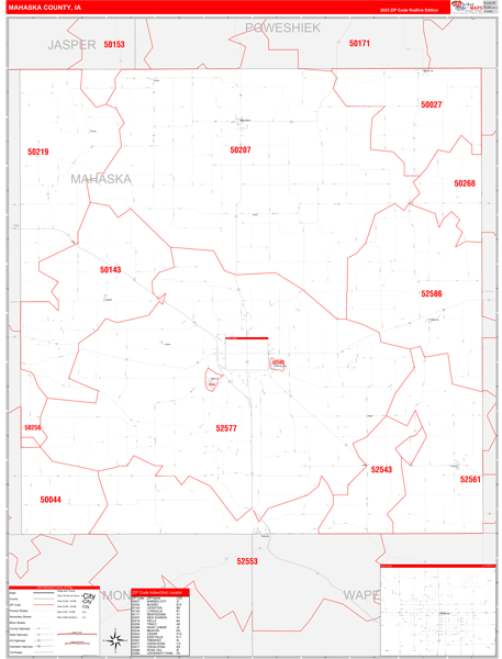 Mahaska County, IA Wall Map Red Line Style
