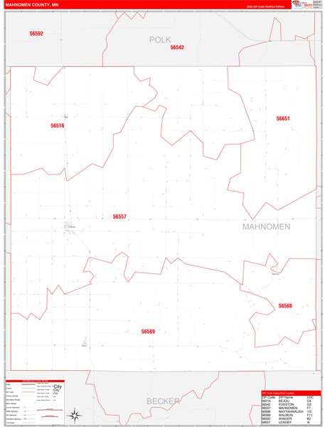 Mahnomen County, MN Wall Map Red Line Style