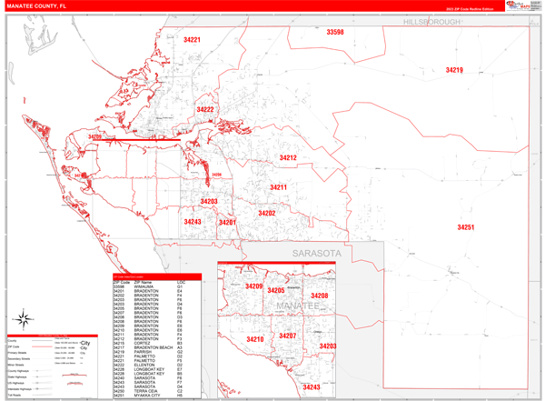 Manatee County Fl Zip Code Wall Map Red Line Style By Marketmaps