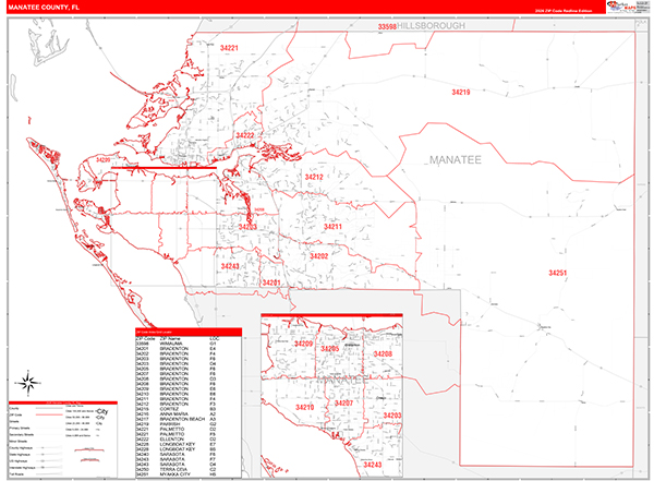 Manatee County, FL Wall Map Red Line Style