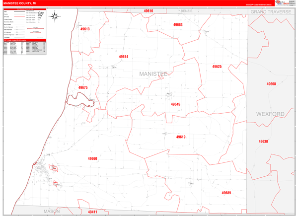 Manistee County Mi Zip Code Wall Map Red Line Style By Marketmaps