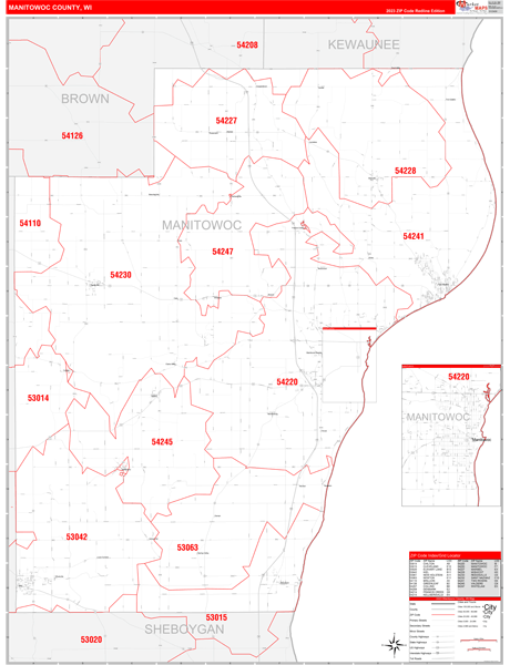 Manitowoc County, WI Zip Code Wall Map Red Line Style by MarketMAPS
