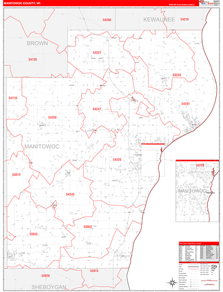 Manitowoc County, WI Zip Code Wall Map