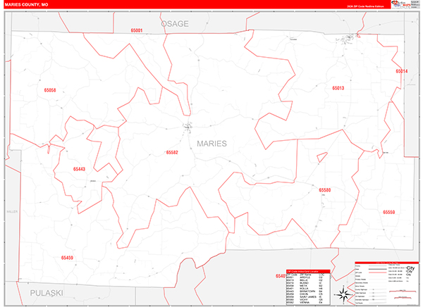 Maries County, MO Map Red Line Style