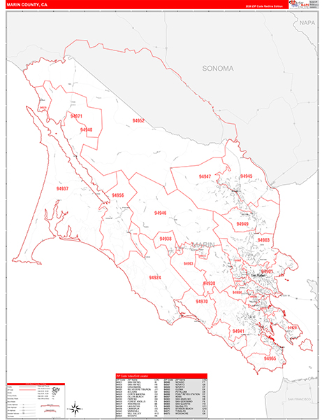 Marin County, CA Map Red Line Style