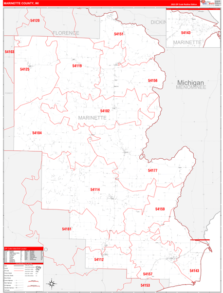 Marinette County, WI Zip Code Wall Map