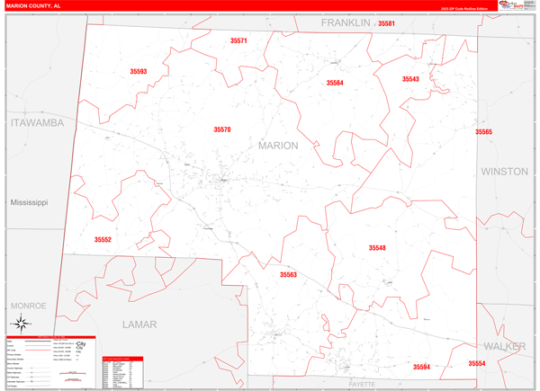 Marion County, AL Wall Map Red Line Style